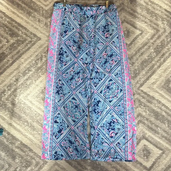 Lilly Pulitzer Bal Harbour Zanzibar Blue Mid-Rise Palazzo Flowy Pants XL beach - Picture 5 of 10